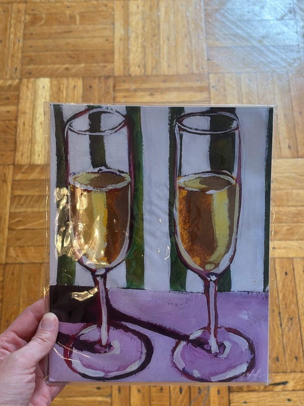 Hand-Painted Champagne Glasses Art Print - Purple & Gold